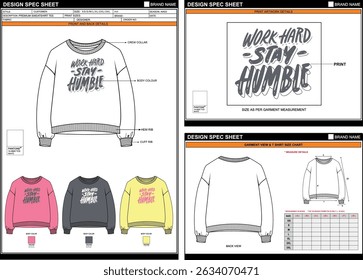 STAY HUMBLE PRINT ON PREMIUM LOOK SOLID SWEATSHIRT TEE EDITABLE EMPTY TECHPACK MEASUREMENT TEMPLATE