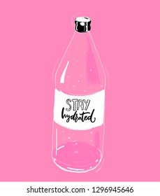 Stay hydrated hand lettering inscription on bottle of water, pink background. Fitness motivational poster, t-shirt print. Healthy lifestyle quote