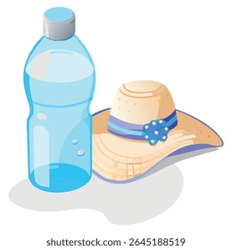 Mantenha-se hidratado e protegido do sol com uma garrafa de água e chapéu de palha elegante para dias de verão