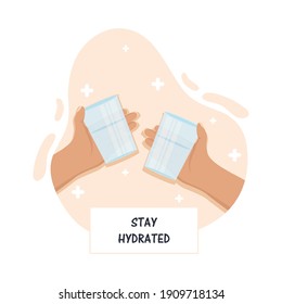 stay hydrated recommendation hands with water glasses vector illustration design