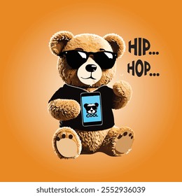 stay hype slogan with bear doll in street fashion style and sunglasses vector illustration