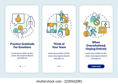 Stay informed without burnout onboarding mobile app screen. Bad news walkthrough 3 steps editable graphic instructions with linear concepts. UI, UX, GUI template. Myriad Pro-Bold, Regular fonts used