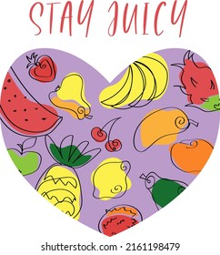 Stay juicy colorful background with lineart style fruits