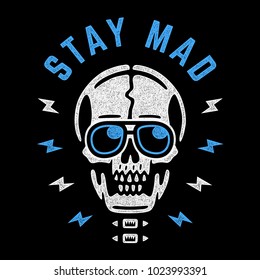 Stay mad. Vintage white skull with blue glasses. Cool colorful print for t-shirt. Bizarre dead head. Retro design. 