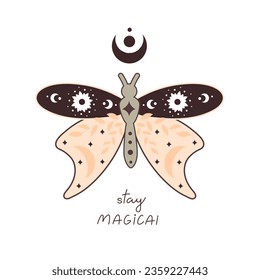 Stay magical. Cartoon butterfly, hand drawing lettering, décor elements. colorful vector illustration, retro style. design for cards, print, posters, logo, cover