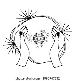 Mantente mágico. Impresión de diseño mágico de bruja vectorial con texto. Dibujo manual, garabato, dibujo de la ilustración mágica. Símbolos de brujería, poción, ojos, cuchillo. Perfecto para tatuajes, textiles, tarjetas, misterio