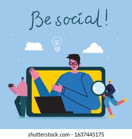 Stay mobile. Connection background with man with laptop and smartphones. Chat, email messaging, sms, mobile concepts for web sites, web banners in modern flat design