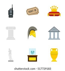 Stay in museum icons set. Flat illustration of 9 stay in museum vector icons for web