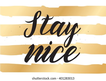 Stay nice inspirational inscription. Greeting card with calligraphy. Hand drawn lettering design. Photo overlay. Typography for banner, poster or apparel design. Vector typography.