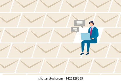 Stay on Connection Flat Vector Concept. Businessman Sitting with Laptop on Knees, Working Online, Messaging and Mailing with Business Partners, Communicating with Colleagues in Internet Illustration
