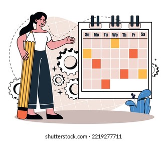 Stay organized concept. Young girl next to calendar. Time management and efficient workflow. Poster or banner for website. Planning and scheduling, deadline. Cartoon flat vector illustration