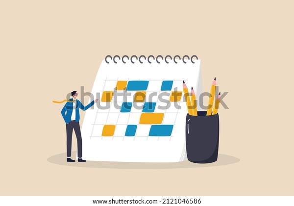 Stay organized strict to schedule and deadline,\
stop procrastination and control working process tidy, manage habit\
for better productivity and efficiency concept, businessman\
organized his calendar.