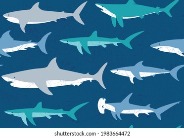 Stay out of the water! This shark themed seamless vector pattern has some gnarly textures and would make a great background or surface design.