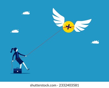 Stay positive in building business. Businesswoman using rope to tie up positive energy from escape