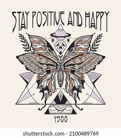 stay positive and happy.Vector illustration of black and white moth, flowers, branches, isolated on white background. Mystical occult symbols and insects. Hand drawn picture for tattoo, coloring book.