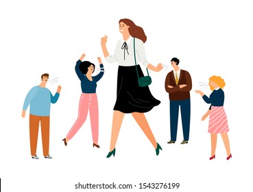 Stay positive. Smiling woman and angry people. Happy businesswoman ignoring toxic coworkers vector illustration