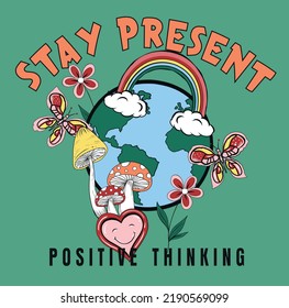 Stay present.Retro groovy daisy flower illustration print with happy slogan for girl - kids graphic tee t shirt or poster sticker - Vector