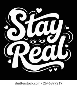 Ficar Tipografia Mão-Letterado Real com Corações e Olhos T-shirt Design Vetor