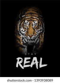 stay real slogan with tiger walking in the darkness illustration