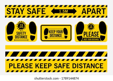 Stay safe 1.5 meters apart. Please keep safe distance. Line sticker floor. Supporting distance, floor tape, shopping malls, schools, hospitals, elevator. For opening bussines