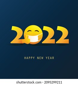 Stay Safe in 2022 - Happy New Year Greeting Card or Background, Creative Design Template with Emoji Wearing Face Mask