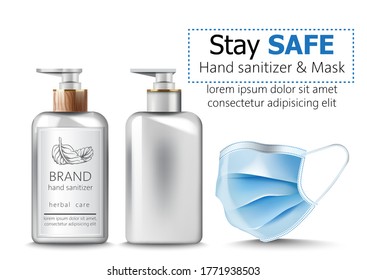 Stay safe banner with hand sanitizer and medical protective mask. Product placement. Vector realistic mock up