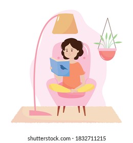 stay safe concept, cartoon girl sitting reading a book over white background, colorful design, vector illustration