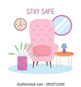 stay safe concept, pink armchair, plant and decorative elements aroun, colorful design, vector illustration