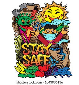 Stay Safe, Corona virus doodle art. Vector EPS 10