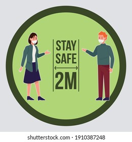 stay safe covid19 prevention campaign with couple wearing medical masks vector illustration design