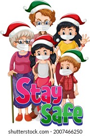 Stay Safe font design with family wearing medical mask isolated on white background illustration