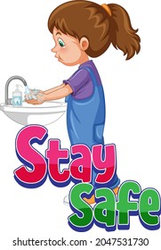 Stay Safe font with a girl washing hands with soap isolated illustration