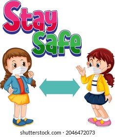 Stay Safe font with two kids keeping distance isolated illustration