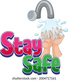 Stay Safe font with washing hands isolated illustration