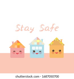Stay safe. Funny happy house collection, kawaii face, smile, pink cheeks, big eyes. pastel colors. Banner card template for your text, copy space, isolated on white background. Vector 