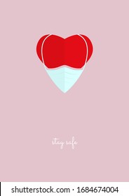 Stay Safe or Get Well Soon Minimalist Wish Card with Heart Flat Style Symbol in protective surgical face mask or respirator. Post card for COVID-19 or another infectious illness disease reaction.