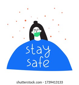 Stay safe. Girl wearing medical face mask. Hand drawn vector illustration on white background.