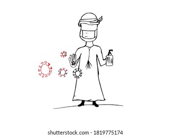 Stay Safe Stay Healthy concept. Hand drawn sketch of an Arab holding a sanitizer bottle on an isolated white background. Suitable for COVID - 19 Awareness campaigns