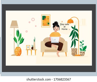 Stay safe at home background template. Quarantine or self-isolation. Health care concept. Fears of getting corona virus. Global viral epidemic or pandemic. Trendy flat vector illustration
