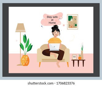 Stay safe at home background template. Quarantine or self-isolation. Health care concept. Fears of getting corona virus. Global viral epidemic or pandemic. Trendy flat vector illustration