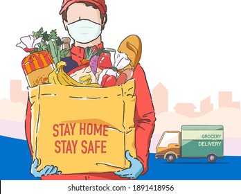 Stay safe at home by shopping grocery online. A man wearing protective gears while delivery. Flat design vector illustration.