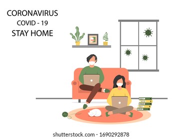 Stay Safe At Home. A Man And A Woman Work At Home To Reduce The Risk Of Infection And Prevent The Spread Of The Covid-19 Virus. Stay Home In Quarantine During The Coronavirus Epidemic. 