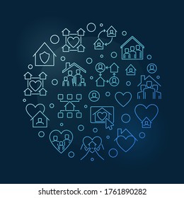 Stay Safe and Stay at Home outline vector concept round blue illustration on dark background 