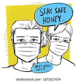 Stay safe honey, from coronavirus. retro comic style vector illustration.