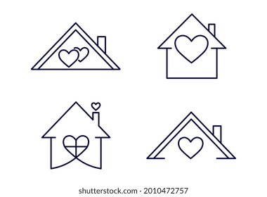 Stay safe icons. Covid-19 coronavirus quarantine campaign of stay at home. House and roof with heart inside. Safe place for self isolation. Flat line art vector collection isolated on white background