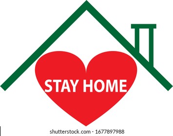 Stay safe inside home.Prevention from virus. The roof of the house and the red heart placed under it. Sign Stay at home