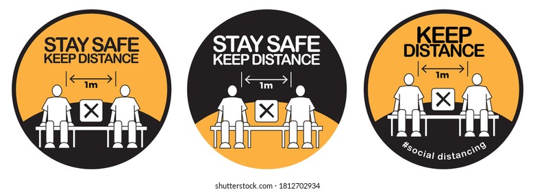 Stay safe. Keep distance stop Covid-19 signage icon set. Social distancing concept.
