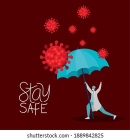 stay safe lettering and female doctor with one safety mask, red particles and one umbrella vector illustration design
