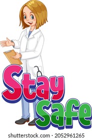 Stay Safe Logo With A Doctor Woman Cartoon Character Isolated Illustration