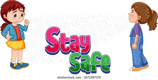 Stay Safe Logo With Two Kids Keep Social Distancing Isolated Illustration